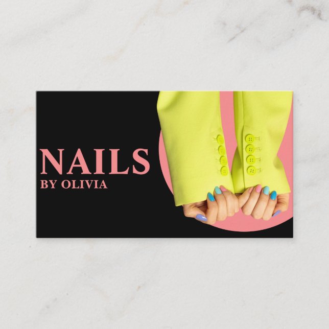 Elegant Black Pink Feminine Modern Nail Tech    Business Card (Front)