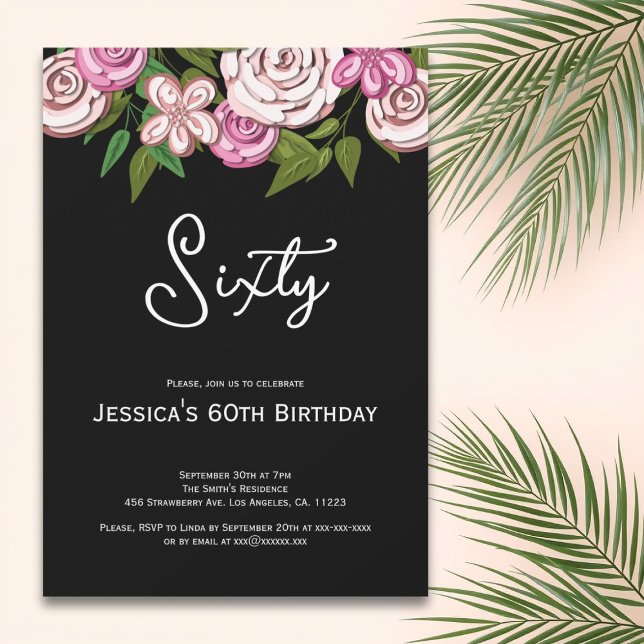 Elegant Black Pink Floral 60th Birthday Party  Invitation (Creator Uploaded)