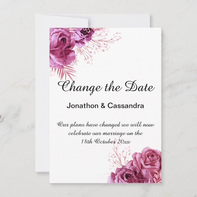 ELEGANT BLACK PINK FLORAL BORDER CHANGE THE DATE (Front)