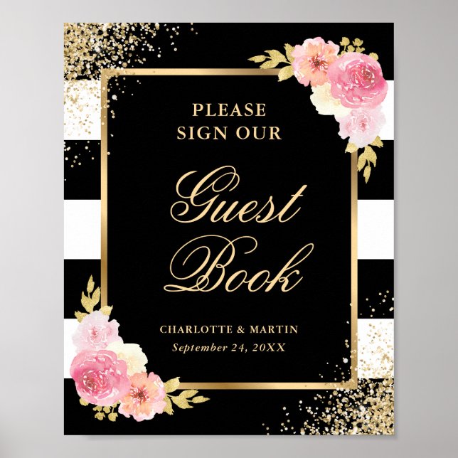 Elegant Black Pink Floral Wedding Guest Book Sign (Front)