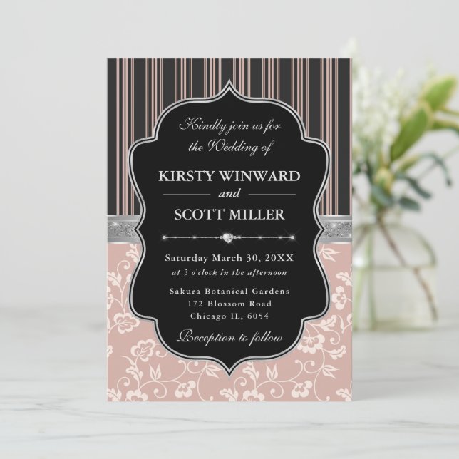 Elegant Black Pink Frame Floral Wedding Invitation (Standing Front)