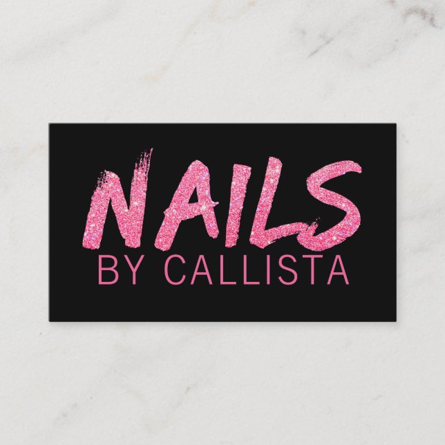Elegant Black Pink Glitter Nails Business Card (Front)