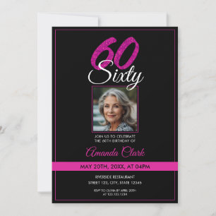 Elegant Black & Pink Glitter Photo 60th Birthday Invitation
