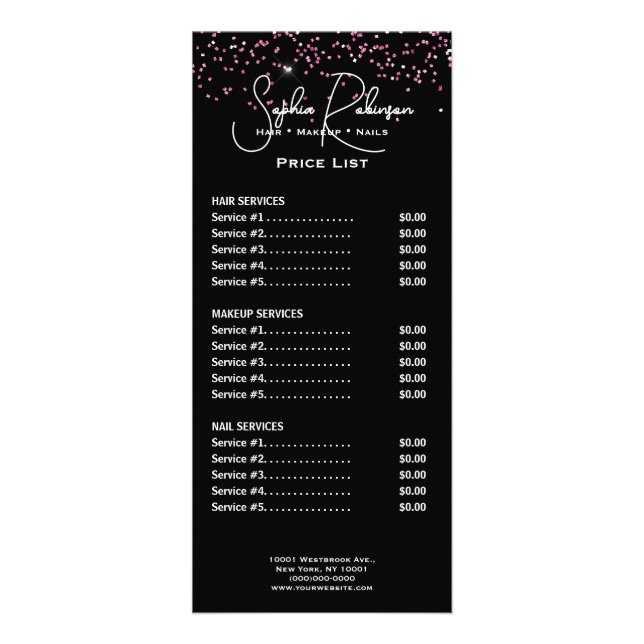 Elegant Black & Pink Glitter Price List Rack Card (Front)