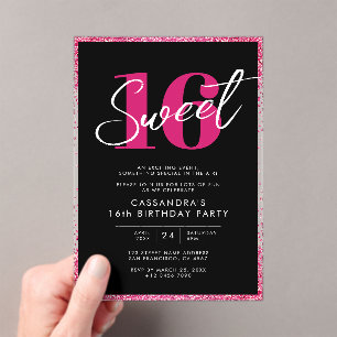 Elegant Black & Pink Glitter Sweet 16 Birthday  Acrylic Invitations