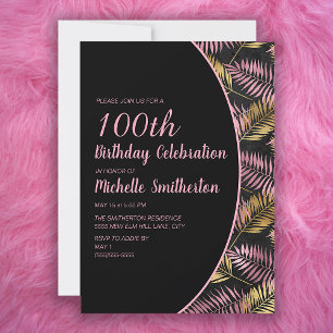 Elegant Black Pink Gold 100th Birthday Invitation