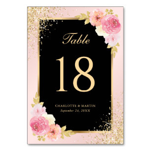 Elegant Black Pink Gold Watercolor Floral Wedding Table Number