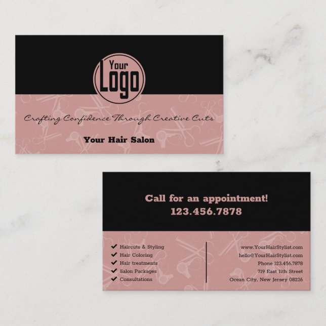 Elegant Black & Pink Hair Salon Custom Logo Business Card (Front/Back)