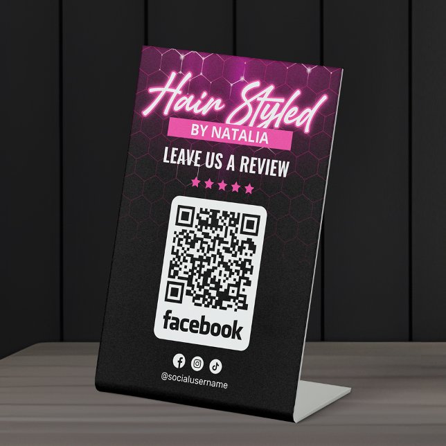 Elegant Black & Pink Hair Salon Facebook Review Pedestal Sign (Creator Uploaded)