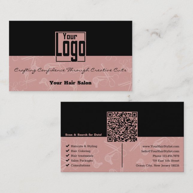 Elegant Black & Pink Hair Salon Logo QR Code Business Card (Front/Back)