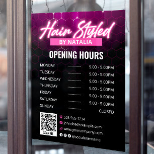 Elegant Black & Pink Hair Salon Opening Hours Window Cling