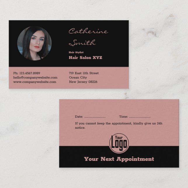 Elegant Black & Pink Hair Salon Stylist Appointment Card (Front/Back)