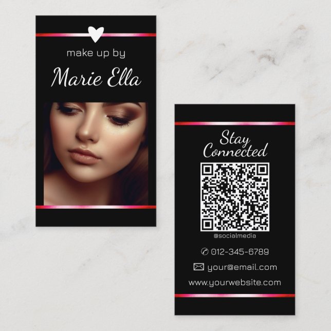 Elegant Black Pink Heart Photo QR Code Template  Business Card (Front/Back)