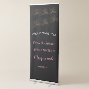 Elegant Black & Pink Masquerade Birthday Welcome   Retractable Banner