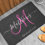 Elegant Black Pink Monogram Script Family Name Doormat<br><div class="desc">DIY Personalised black and white and pink monogram design with bride and groom last name and wedding date on a black background. Makes a unique and great gift for newlyweds starting a new family. Great for new house together. Customise with your name, monogram initial and wedding date and colours. Elke...</div>