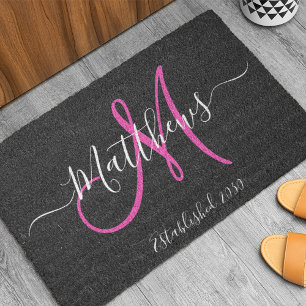 Elegant Black Pink Monogram Script Family Name Doormat