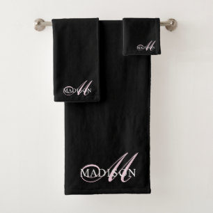 Elegant Black Pink Monogram Script Initial Name Bath Towel Set