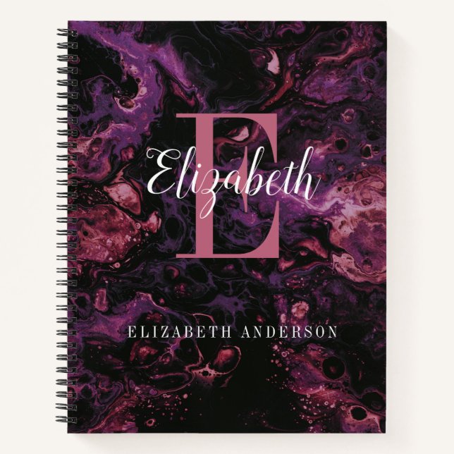 Elegant Black Pink Monogram Script Marble Notebook (Front)