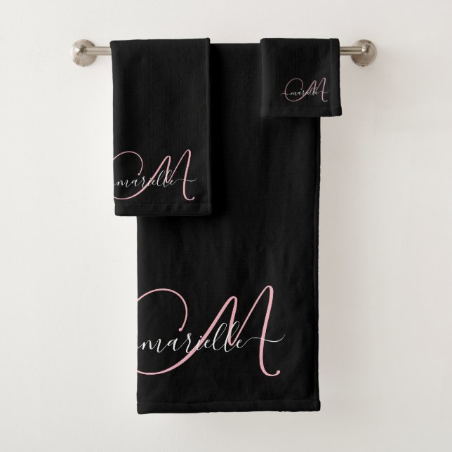 Elegant Black Pink Monogram Script Name  Bath Towel Set (Insitu)