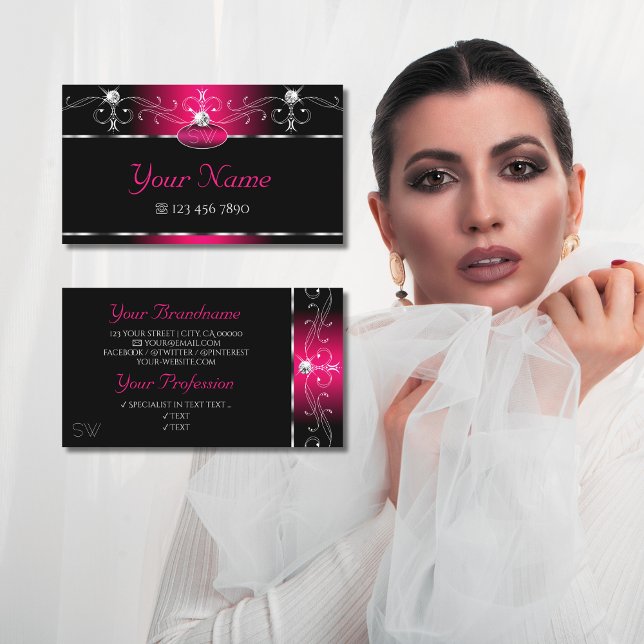 Elegant Black Pink Ornate Sparkle Jewels Monogram Business Card (Creator Uploaded)