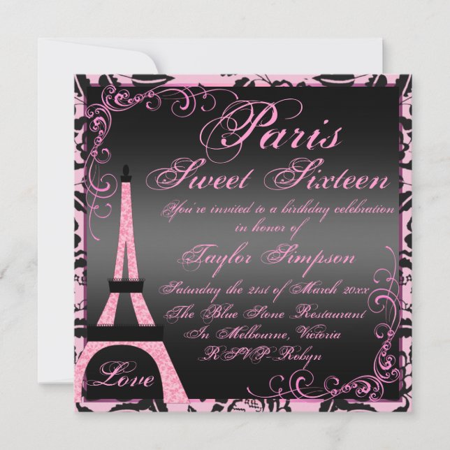 Elegant Black & Pink Paris Sweet16 Birthday Invite (Front)