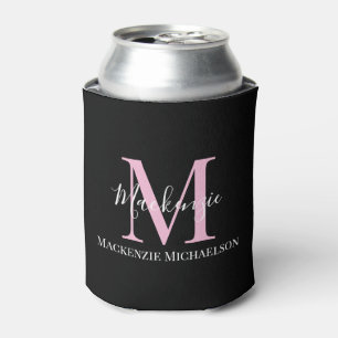Elegant Black Pink Personalised Monogram Name  Can Cooler