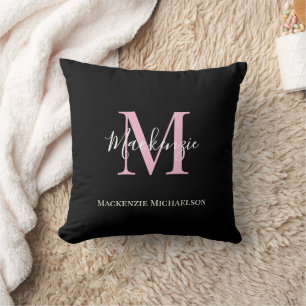 Elegant Black Pink Personalised Monogram Name   Cushion