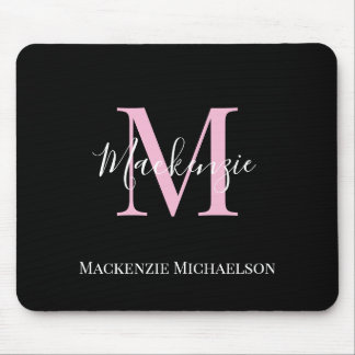 Elegant Black Pink Personalised Monogram Name Mouse Mat