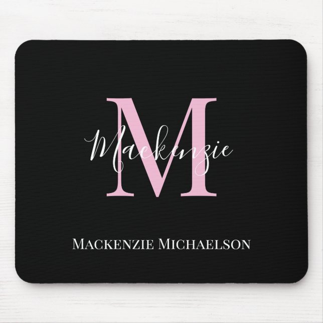 Elegant Black Pink Personalised Monogram Name  Mouse Mat (Front)