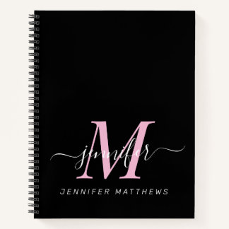 Elegant Black Pink Personalised Monogram Name Notebook