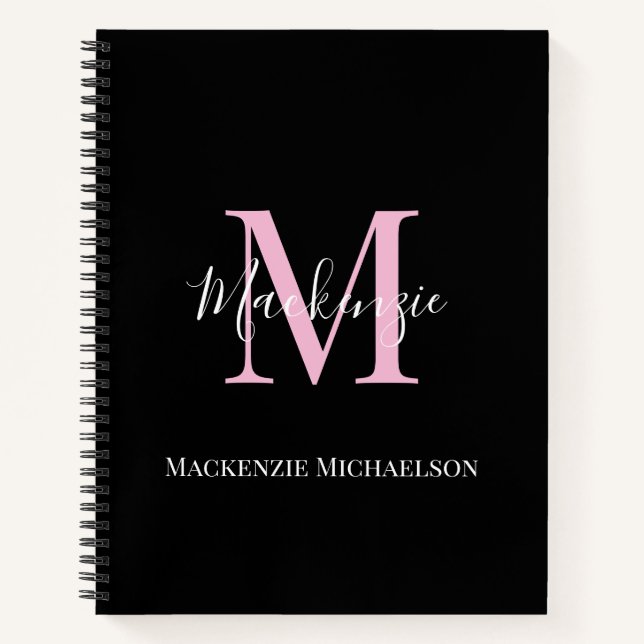 Elegant Black Pink Personalised Monogram Name Notebook (Front)