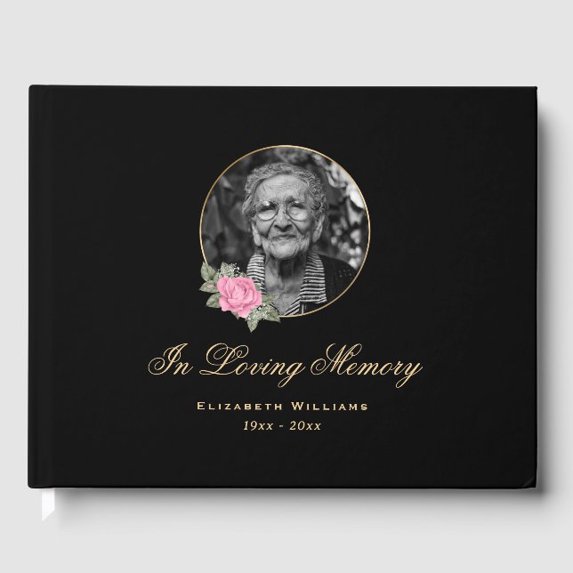 Elegant Black Pink Rose Floral Funeral Photo Guest Book (Front)