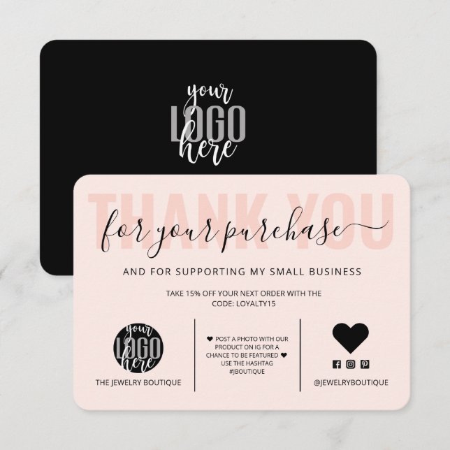 Elegant Black Pink Script Logo Customer Thank You (Front/Back)