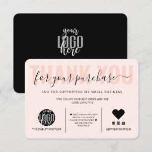 Elegant Black Pink Script Logo Customer Thank You Card