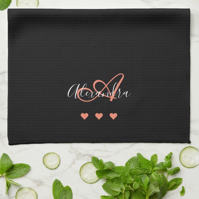 Elegant Black Pink Script Name Monogram Tea Towel (Folded)