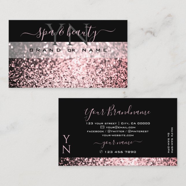 Elegant Black Pink Sparkling Glitter with Monogram Business Card (Front/Back)