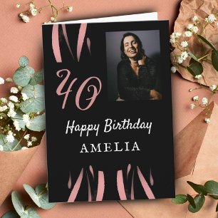 Elegant Black Pink Watercolor 40th Birthday Photo Card