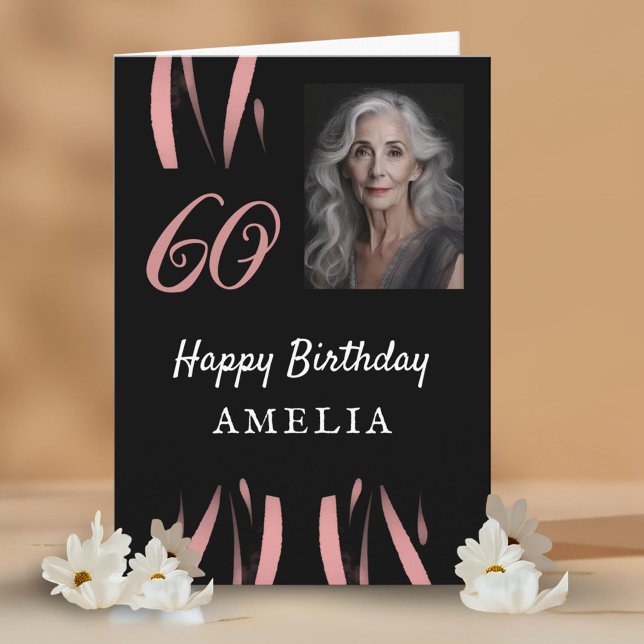 Elegant Black Pink Watercolor 60th Birthday Photo Card (Creator Uploaded)