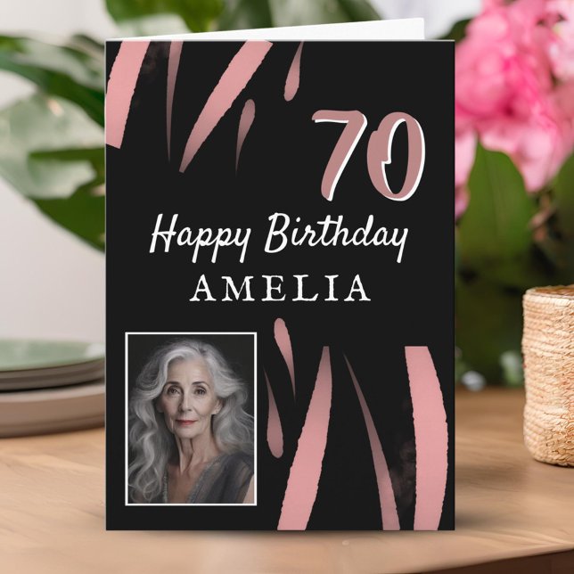Elegant Black Pink Watercolor 70th Birthday Photo Card (Creator Uploaded)