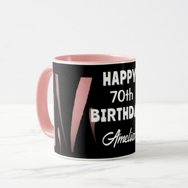 Elegant Black Pink Watercolor 70th Happy Birthday  Mug (Front Left)