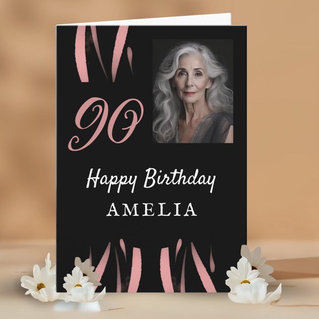 Elegant Black Pink Watercolor 90th Birthday Photo Card (Creator Uploaded)