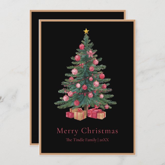 Elegant Black Pink Watercolor Christmas Tree Holiday Card (Front/Back)