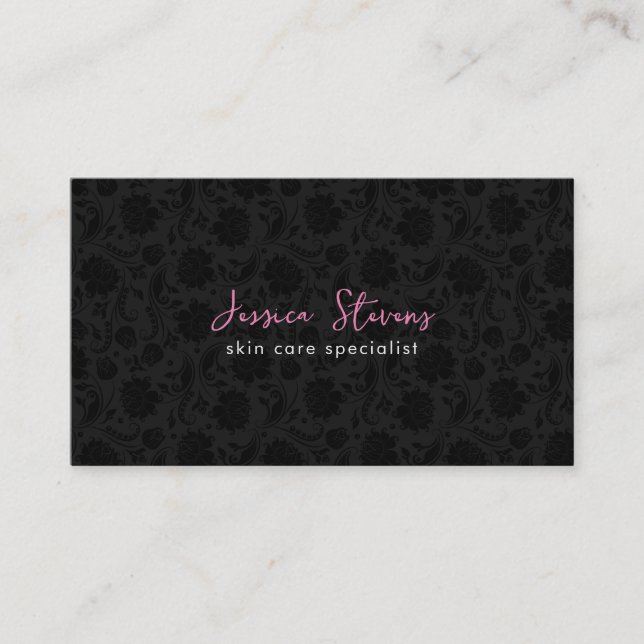Elegant Black Pink & White Vintage Damasks Business Card (Front)