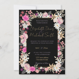 Elegant Black Pink Wildflowers Boho Floral Paint Invitation