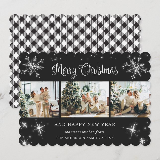 Elegant Black Plaid Snowflake Photo Holiday Card (Front/Back)