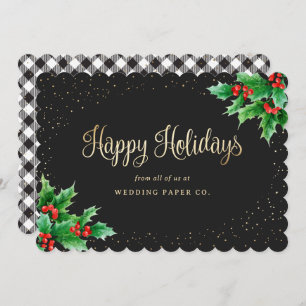 Elegant Black Plaid Watercolor Holly Business Holiday Card