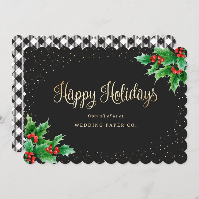 Elegant Black Plaid Watercolor Holly Business Holiday Card (Front/Back)