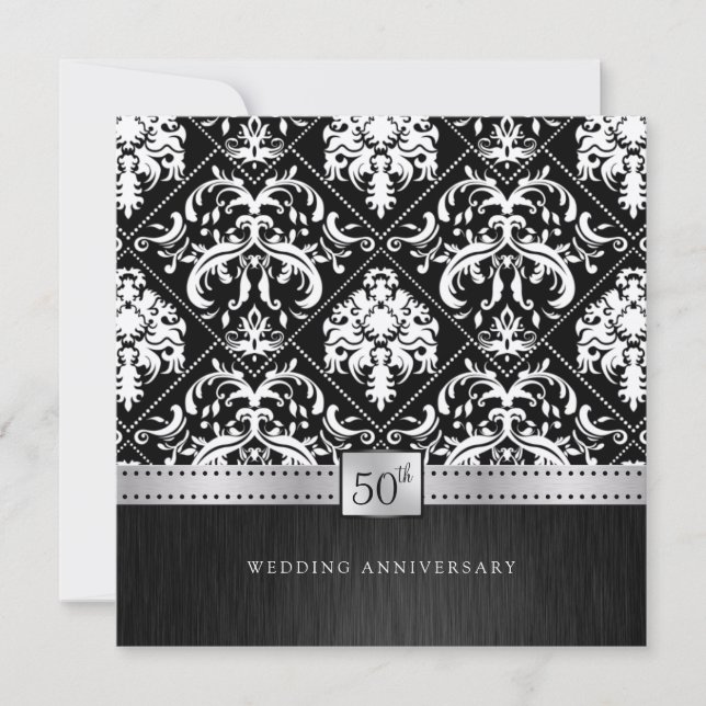 Elegant Black & Platinum 50th Wedding Anniversary Invitation (Front)
