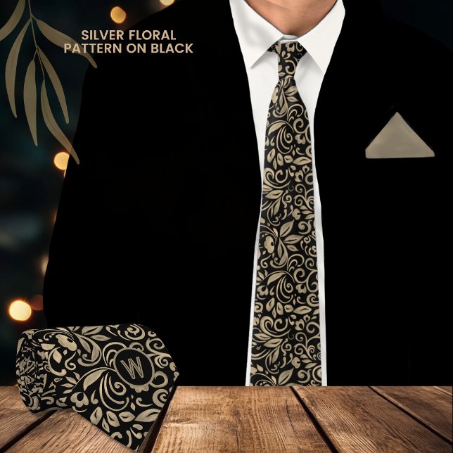 Elegant Black Platinum Gold Floral Monogram Tie (Elegant Black Silver Floral Monogram Neck Tie)