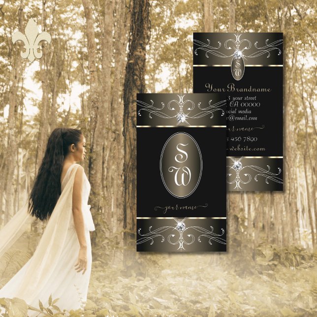 Elegant Black Platinum Ornate Ornaments Initials Business Card (Creator Uploaded)